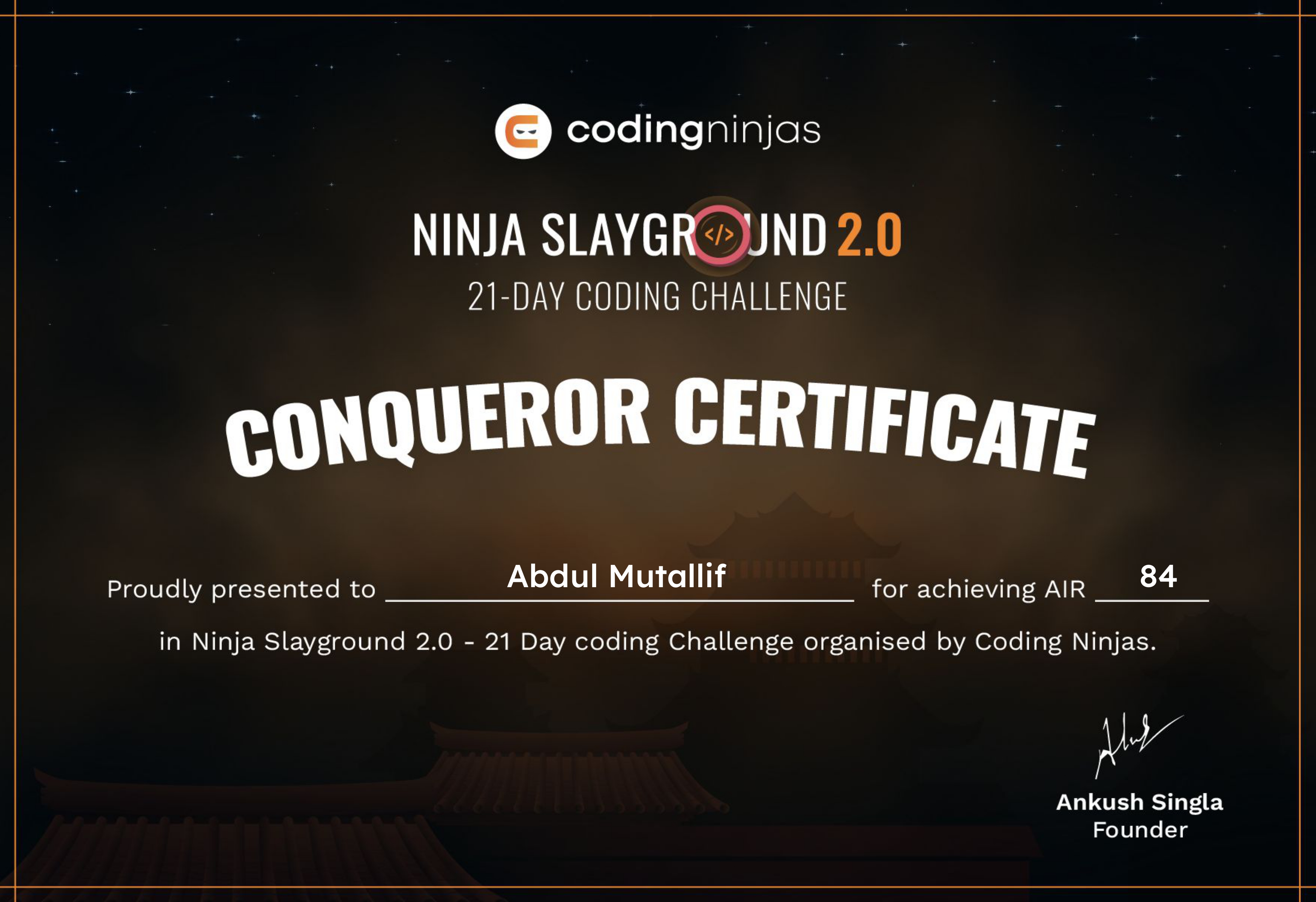 Coding Ninjas Rank Certificate